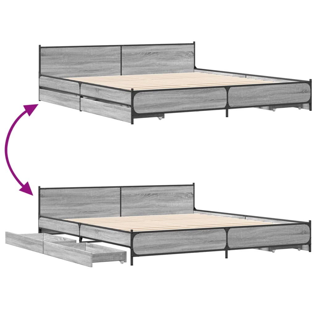 vidaXL Rúmgrind með Skúffum án Dýnu Gráir Sonoma Eik 200x200 cm