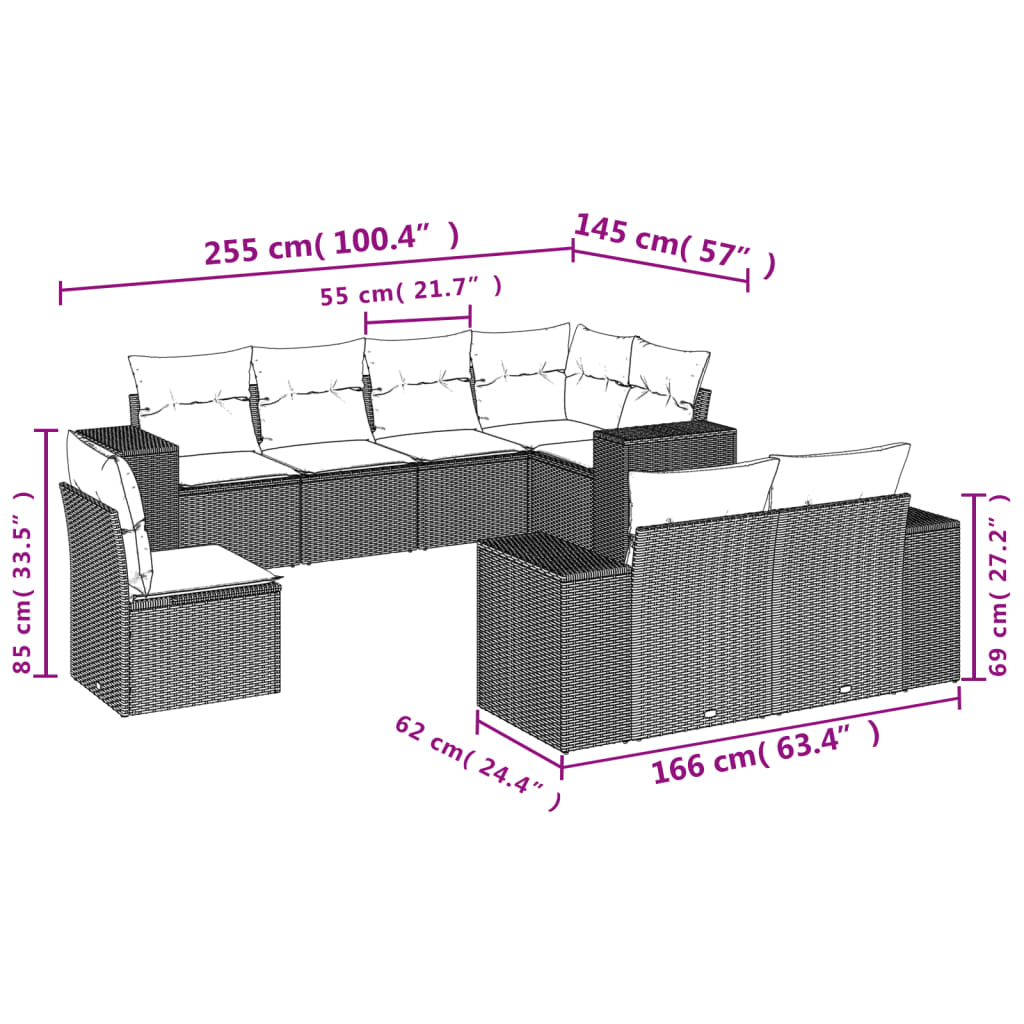 vidaXL 8 Hluta Garðsófasett með Sessum Grár Pólýrattan