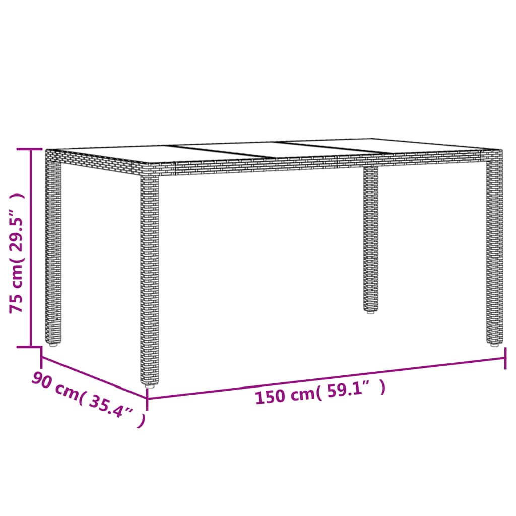 vidaXL Garðborð með Glerplötu Svart 150x90x75 cm Pólýrattan