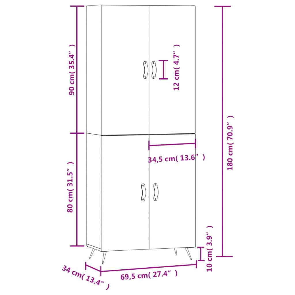 vidaXL Skenkur Háglans hvítt 69,5x34x180 cm Samsettur Viður