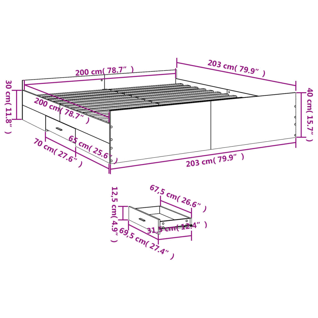 vidaXL Rúmgrind með Skúffum án Dýnu Steypugrátt 200x200 cm