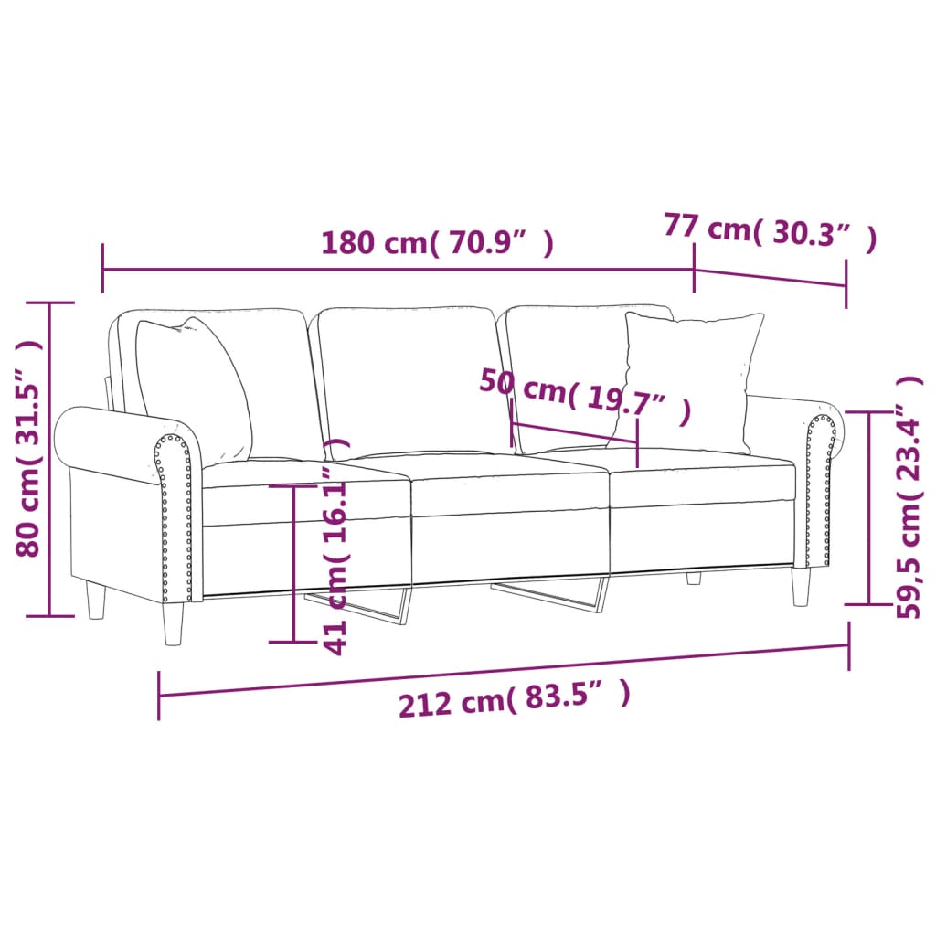 vidaXL 3 Sæta Sófi með Púðum Ljósgrár 180 cm Flauel