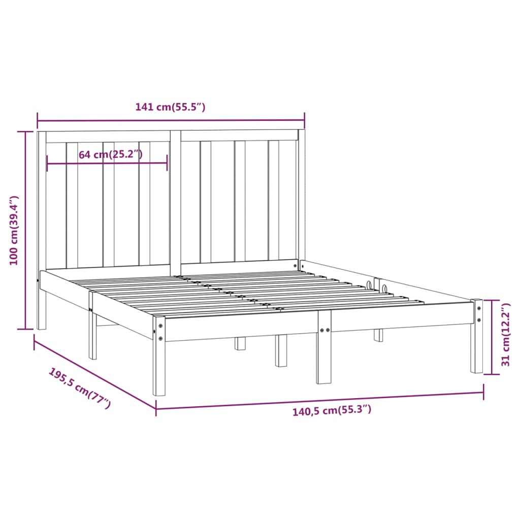 vidaXL Rúmgrind Svört Gegnheil Fura 135x190 cm Tvíbreið