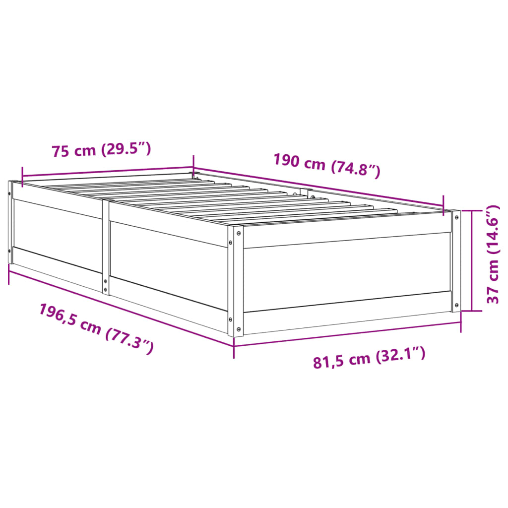 vidaXL Rúmgrind án Dýnu 75x190 cm Gegnheil Fura