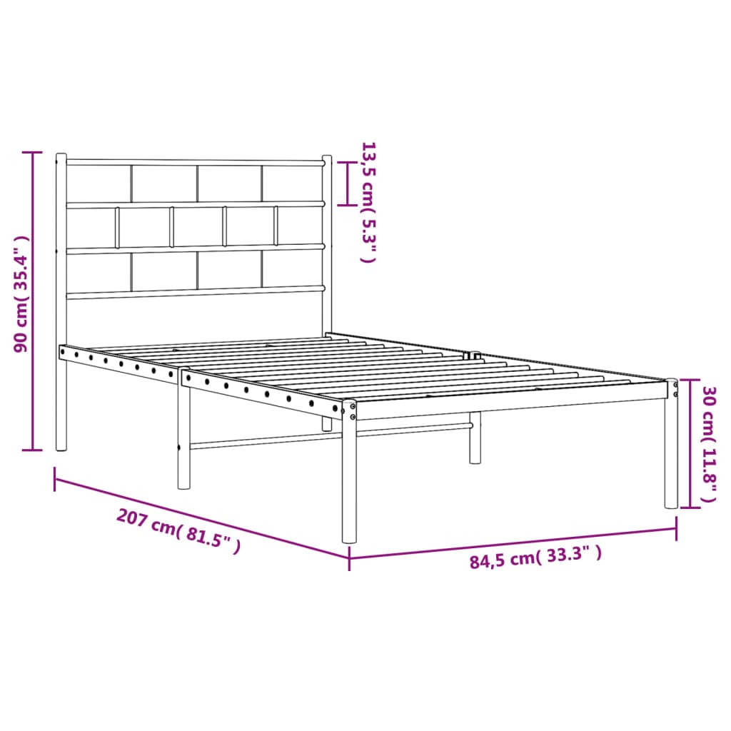 vidaXL Rúmgrind úr Málmi með Höfuðgafli Hvítur 80x200 cm