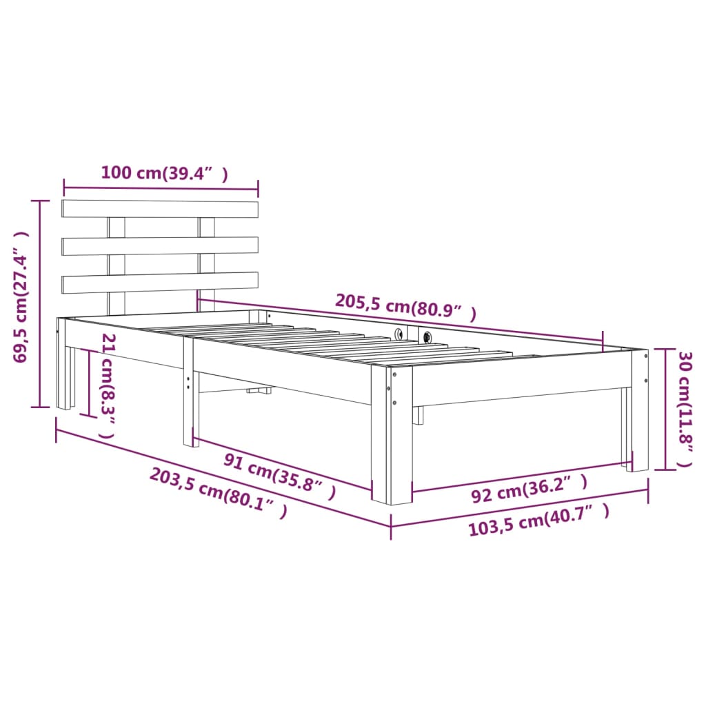 vidaXL Rúmgrind án Dýnu Hvít Gegnheil Viður 100x200 cm