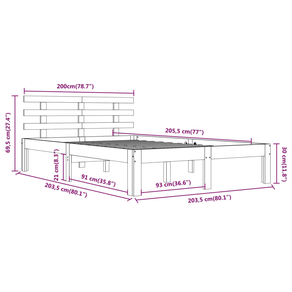 vidaXL Rúmgrind án Dýnu Hvít 200x200 cm Gegnheil Viður