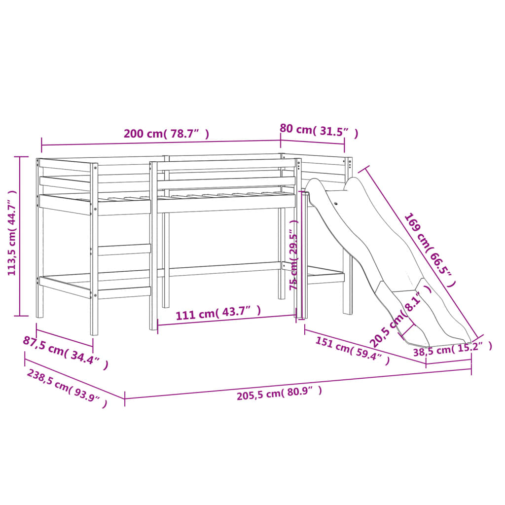 vidaXL Krakkakoja með Gluggatjöldum Bleikur 80x200 cm Gegnheil Fura