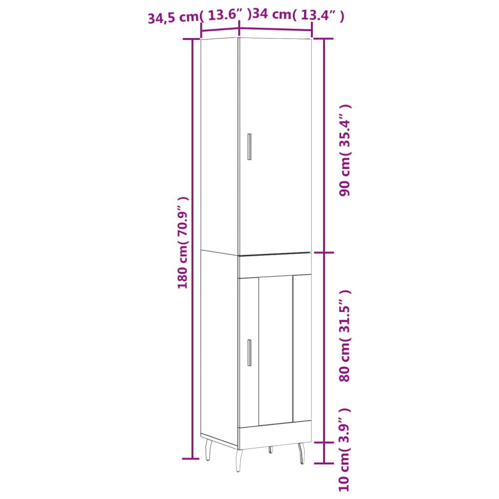 vidaXL Skenkur hvítt 34,5x34x180 cm Samsettur Viður