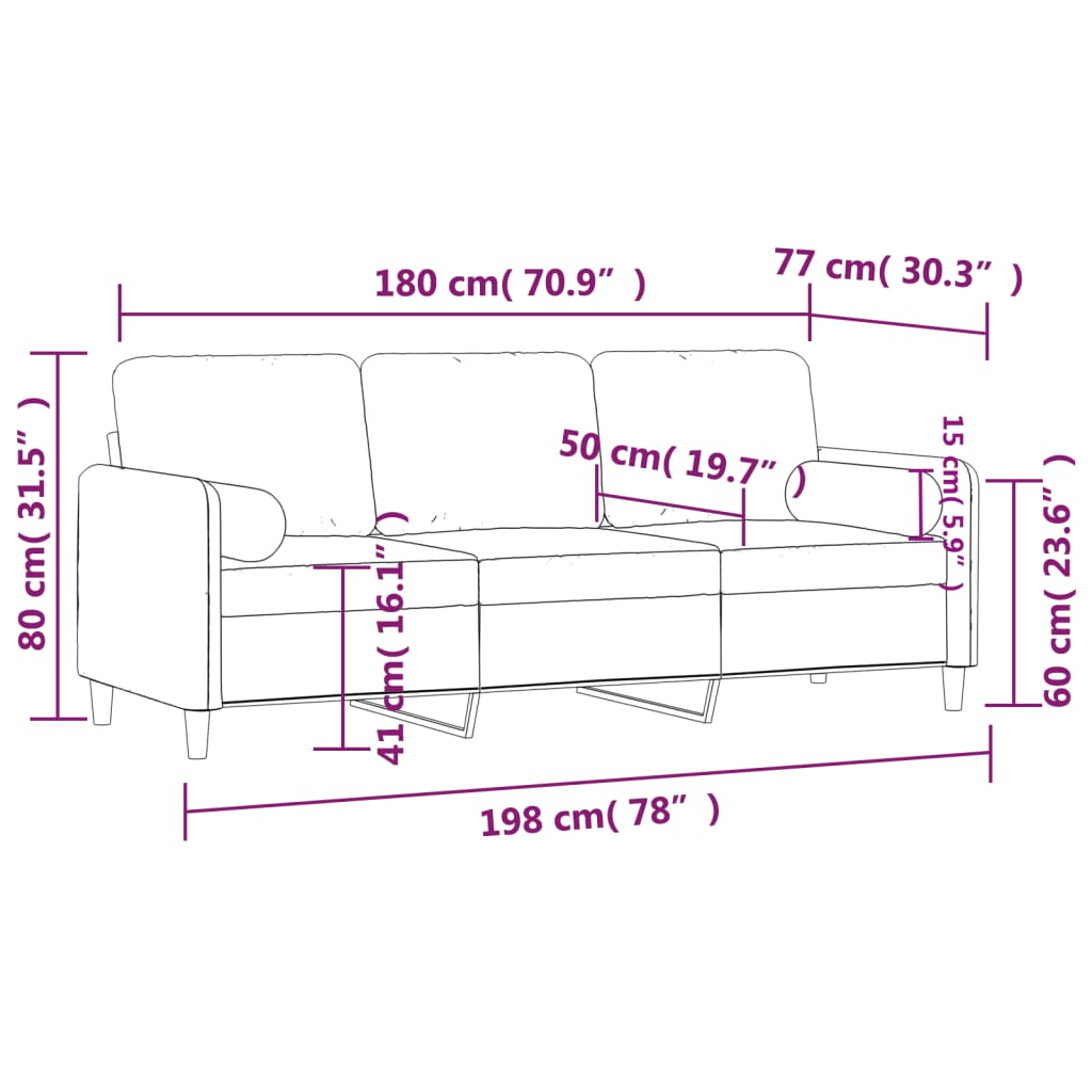 vidaXL 3 Sæta Sófi með Púðum Ljósgrár 180 cm Flauel