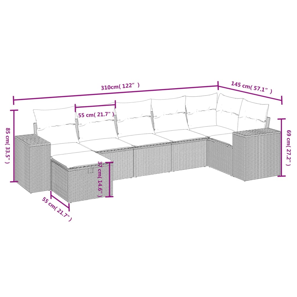 vidaXL 7-Hluta Garðsófasett með Sessum Grátt Pólýrattan