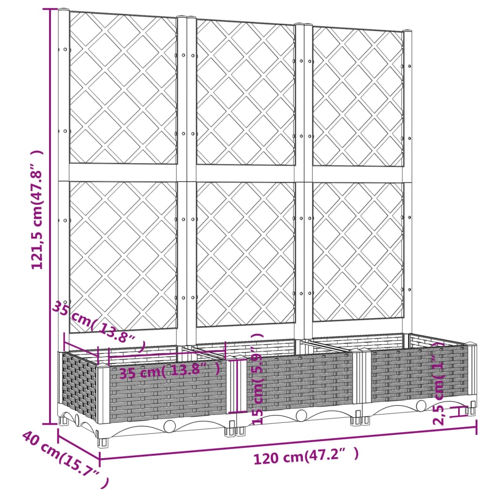 vidaXL Gróðurkassi með Rimlagrind 120x40x121,5 cm Hvítt PP