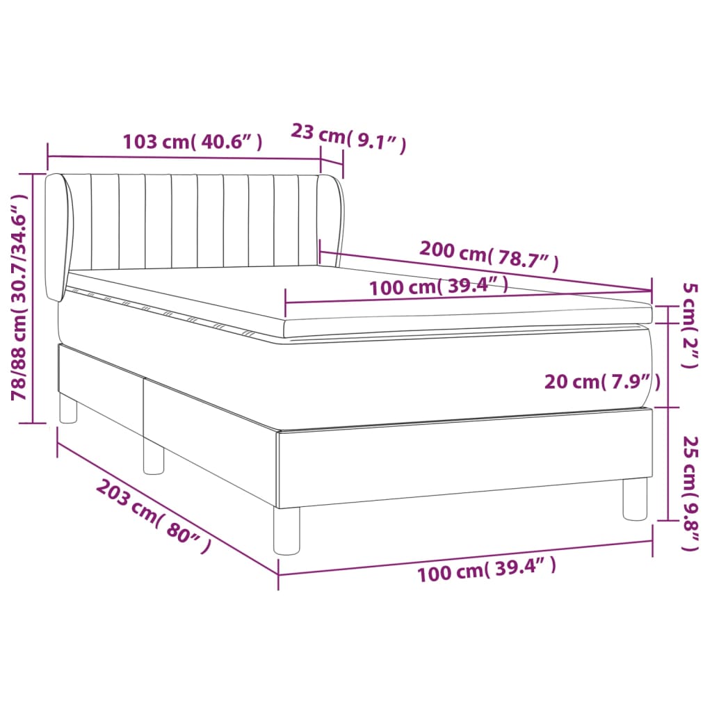 vidaXL Hólfað Springrúm með Dýnu Bleikur 100x200 cm Flauel