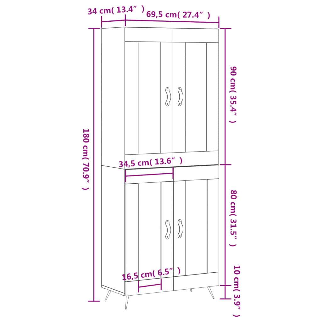 vidaXL Hár Skápur Steypugrár 69,5x34x180 cm Samsettur Viður