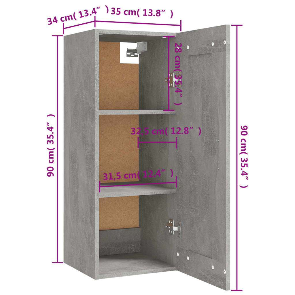 vidaXL Hangiskápur Steinsteypa Grár 35x34x90 cm Hannaður viður