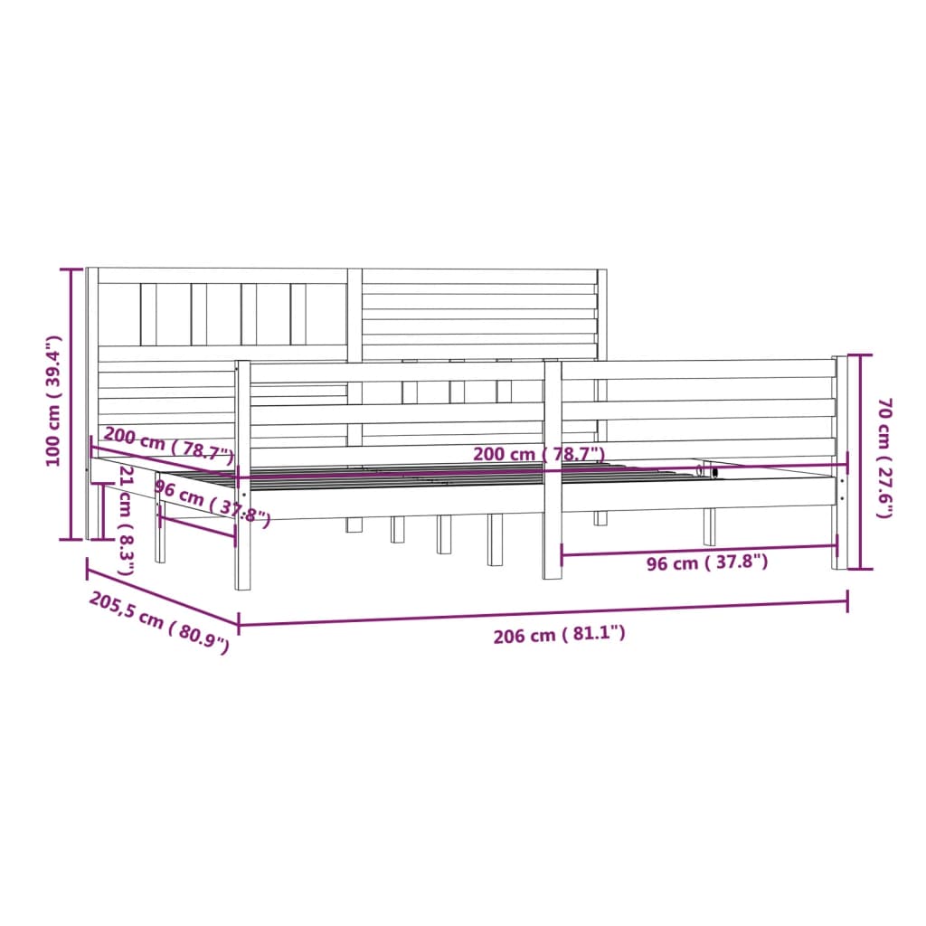 vidaXL Rúmgrind án Dýnu 200x200 cm Gegnheil Viður