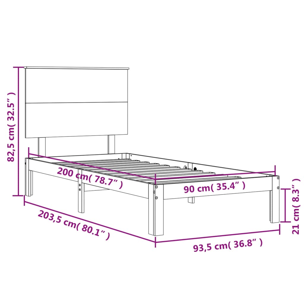 vidaXL Rúmgrind með Höfuðgafli Hvítu 90x200 cm Gegnheil viðar