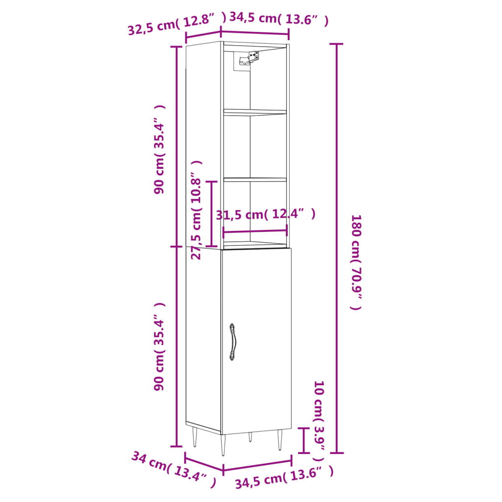 vidaXL Hár Skápur Sonoma Eik 34,5x34x180 cm Samsettur Viður