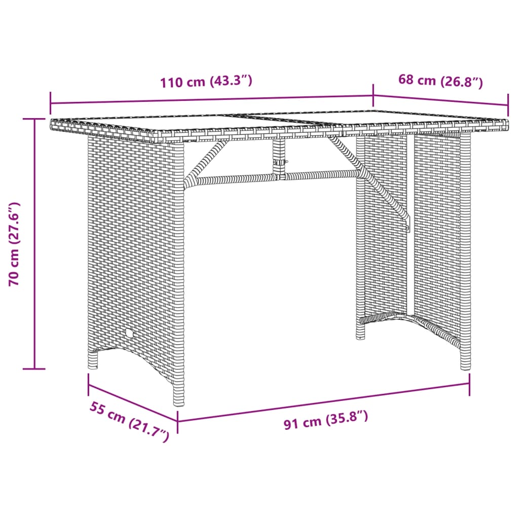 vidaXL Garðborð með Glerplötu Brúnt 110x68x70 cm Pólýrattan