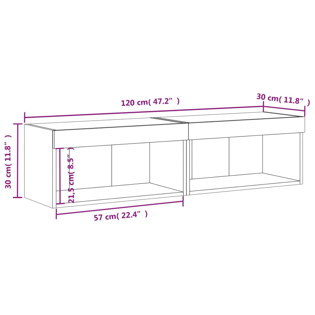 vidaXL Sjónvarpsskápar með LED Ljósum 2 stk. Brún Eik 60x30x30 cm