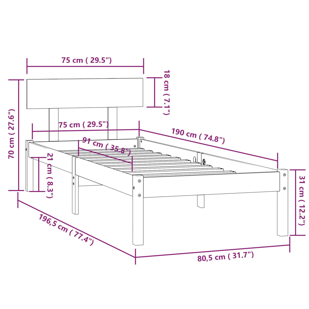 vidaXL Rúmgrind Svört Gegnheill viður 75x190 cm Lítil Einbreið