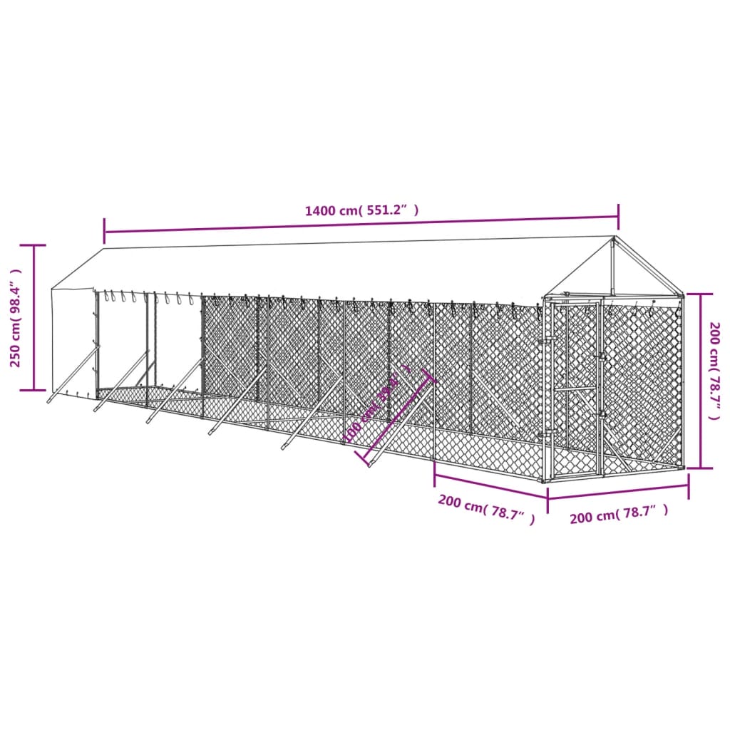 vidaXL Útihundaskýli með Þaki Silfurlitað 2x14x2,5 m Sinkhúðað Stál