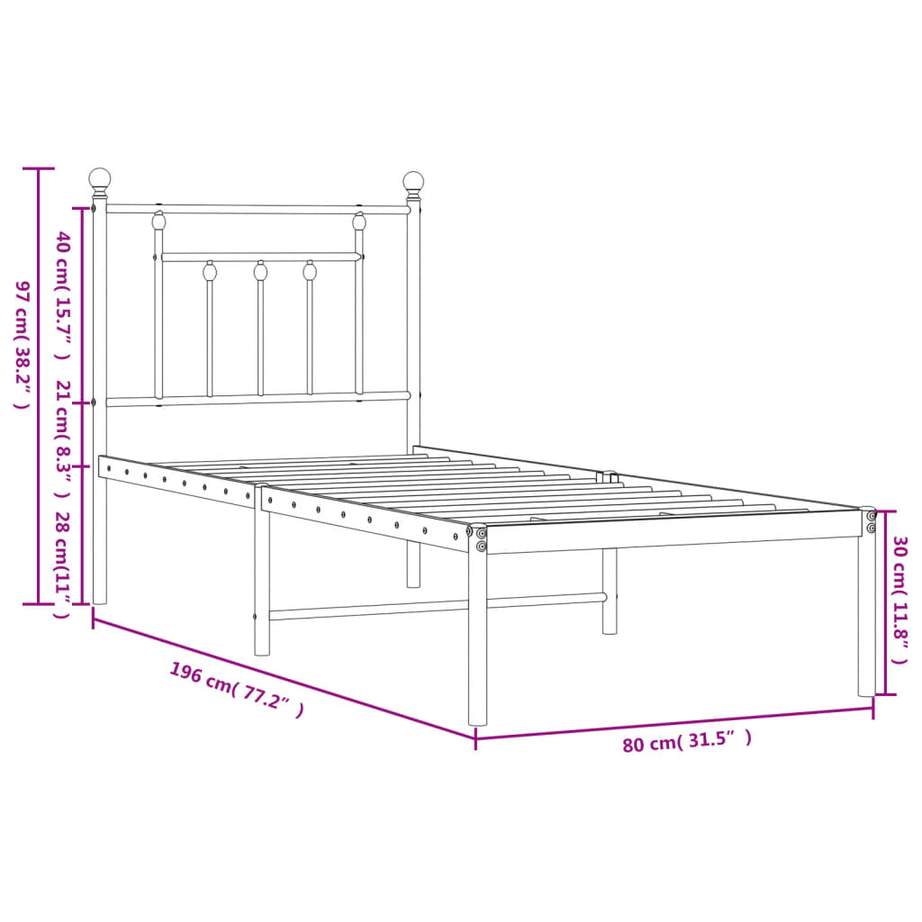 vidaXL Rúmgrind úr Málmi án Dýnu með Höfðagafli Svört 180x200 cm