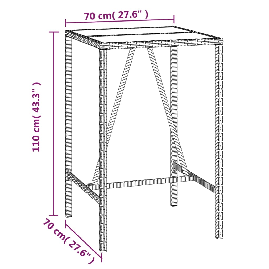 vidaXL Barborð með glerplötu Svart 70x70x110 cm Pólýrattan