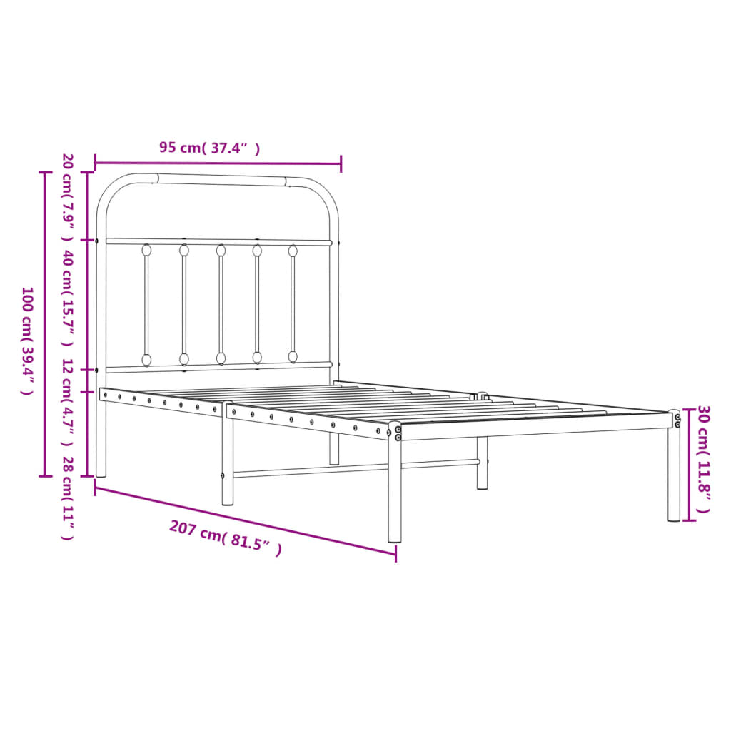 vidaXL Málmrúmgrind með Höfuðgafli Svört 90x200 cm