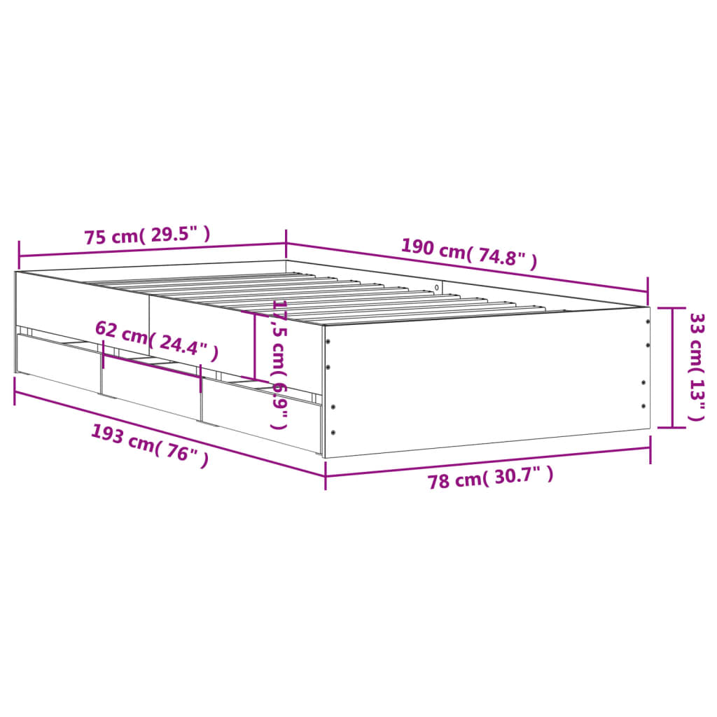 vidaXL Rúmgrind með Skúffum án Dýnu Hvít 75x190 cm