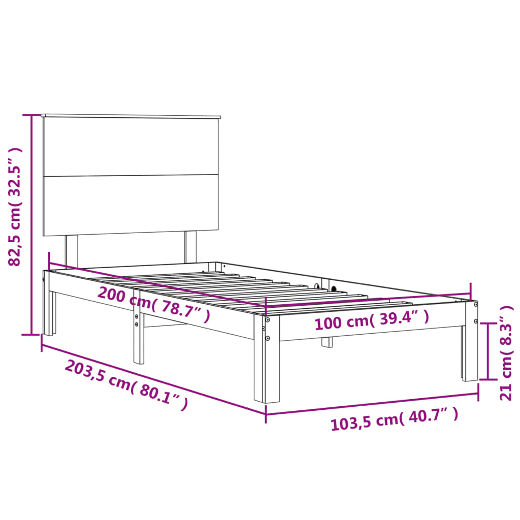 vidaXL Rúmgrind með Höfuðgafli Hvítur 100x200 cm Gegnheil viðar