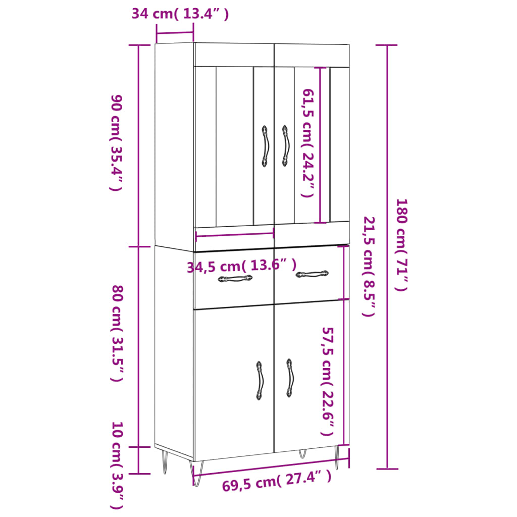 vidaXL Hár Skápur Reyktóna Eikarlitur 69,5x34x180 cm Samsettur Viður