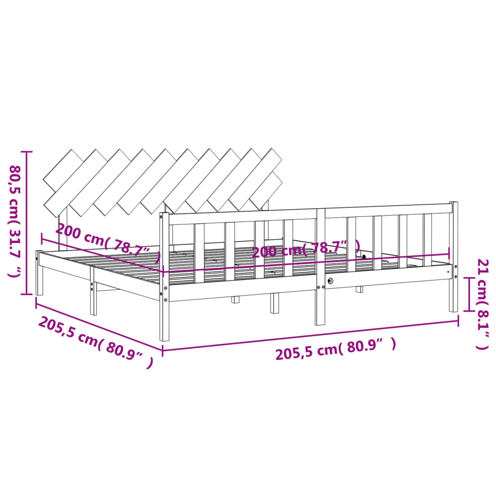 vidaXL Rúmgrind með Höfuðgafli 200x200 cm Gegnheill Viður