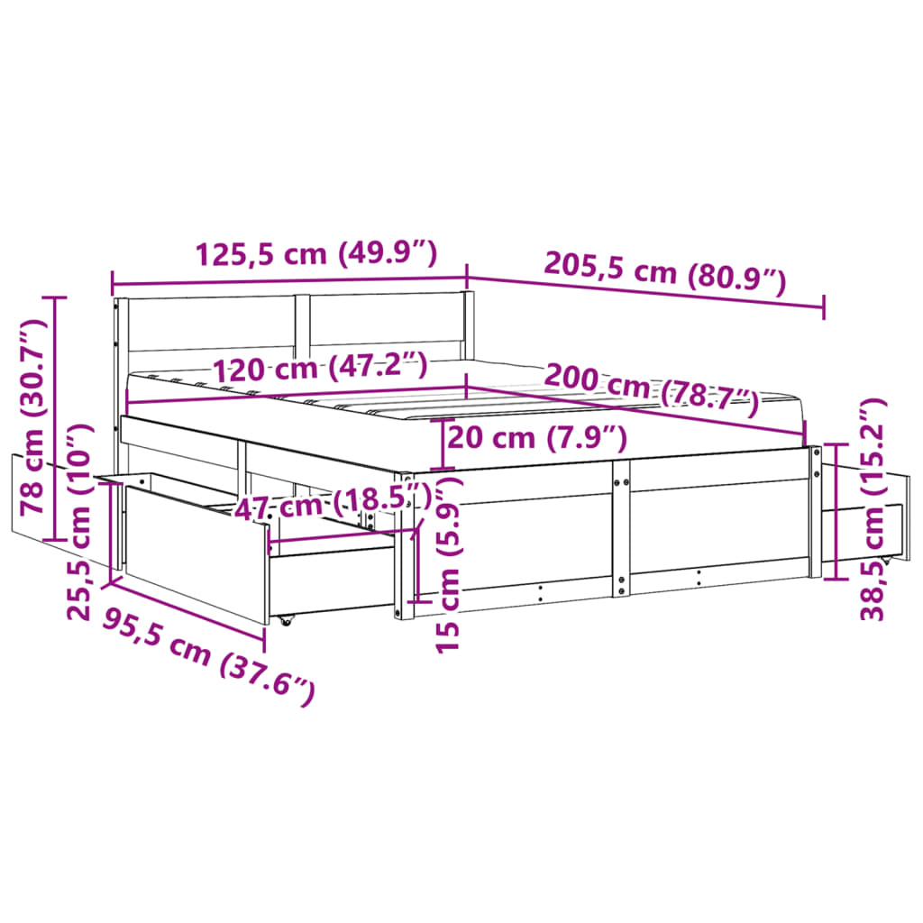 vidaXL Rúmgrind með Skúffum og Dýnu 120x200 cm Gegnheil Fura