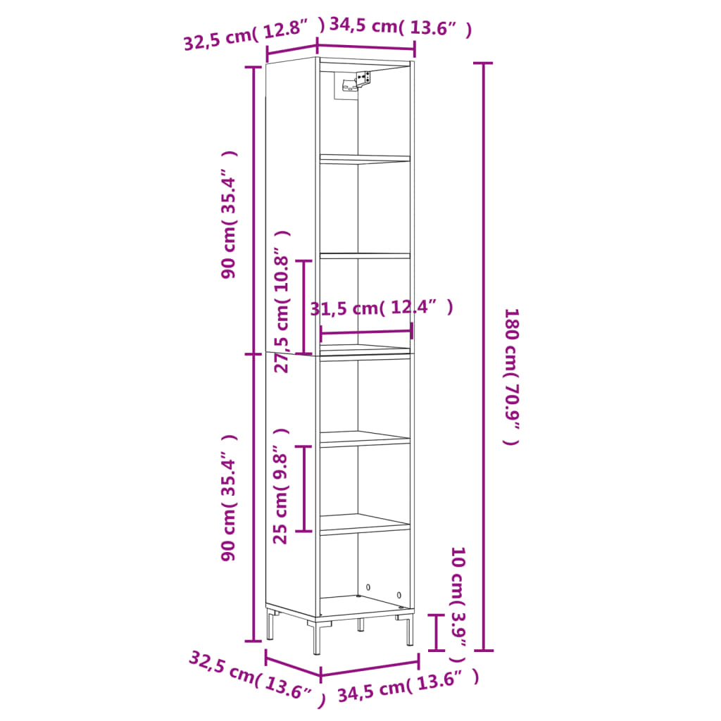 vidaXL Skenkur Hvítur 34,5x32,5x180 cm Samsettur Viður