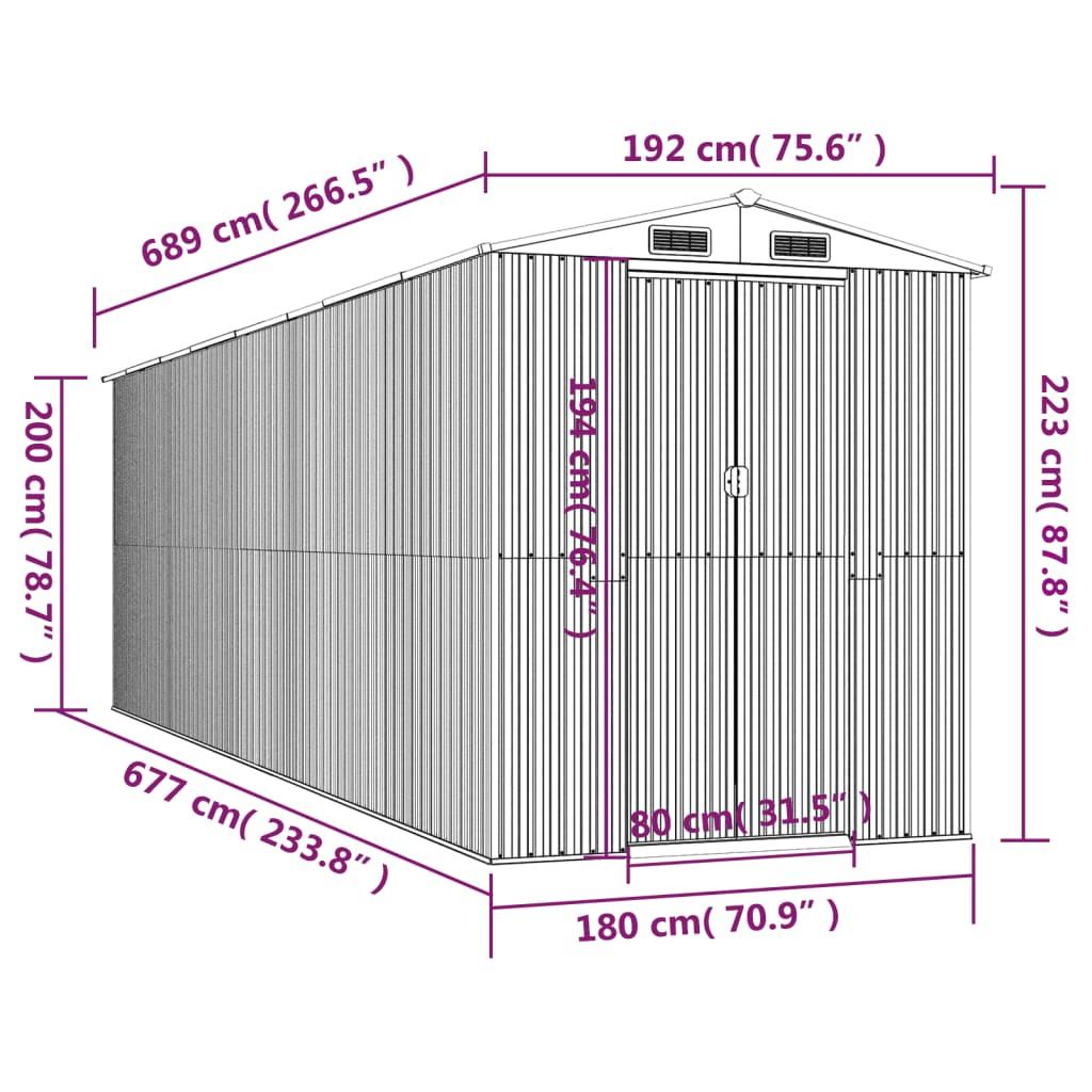 vidaXL Garðskýli Dökkbrúnt 192x689x223 cm Galvanhúðað Stál