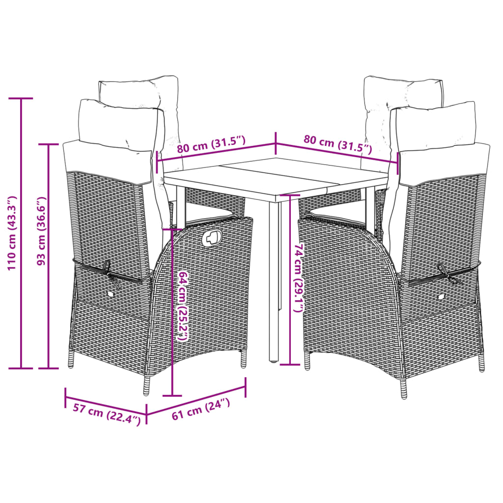 vidaXL 5 Hluta Garðborðsett með Sessum Drappað Pólýrattan