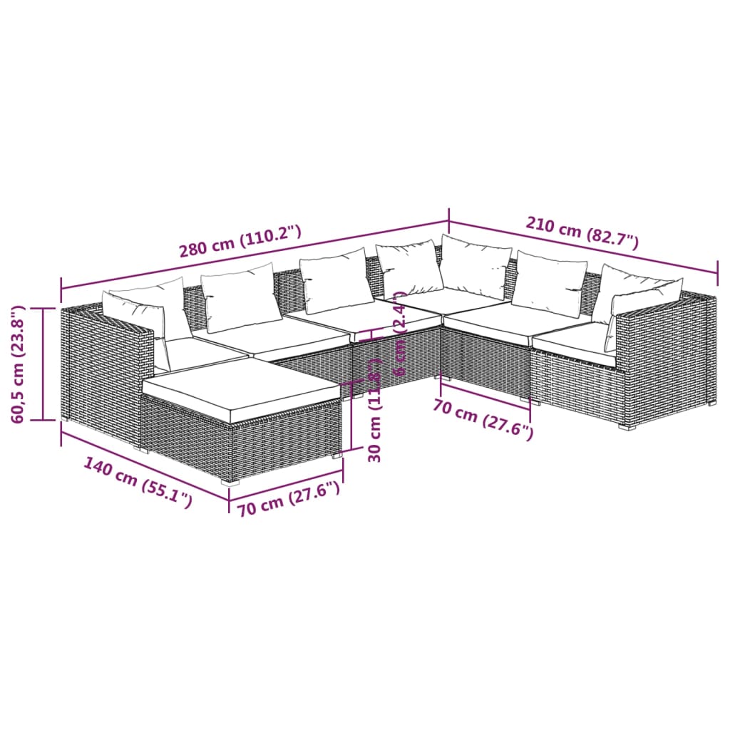 vidaXL 7 Hluta Garðhúsgagnasett með Sessum Pólýrattan Brúnt