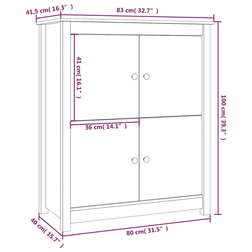 vidaXL Skenkur Hvítur 83x41,5x100 cm Gegnheil Fura