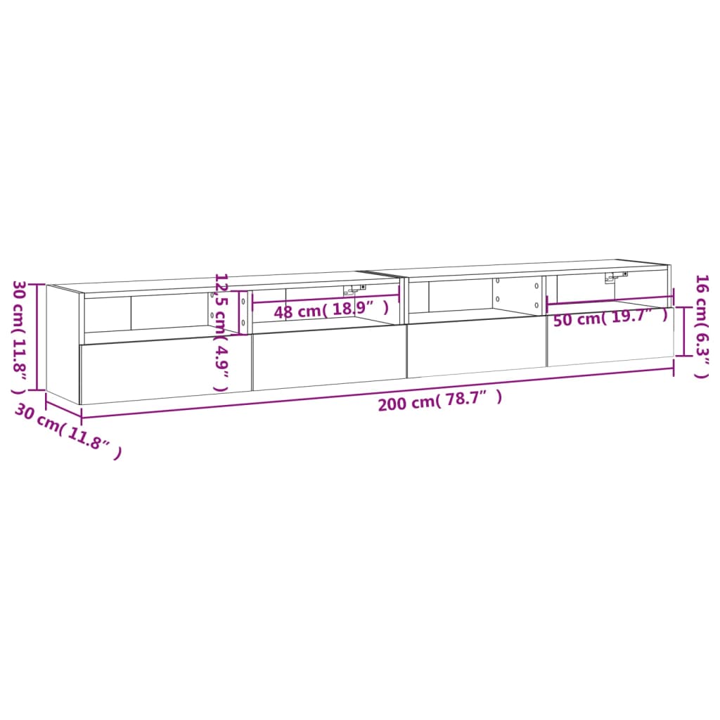 vidaXL Veggskápar 2 stk. Steypugrár 100x30x30 cm Samsettur Viður