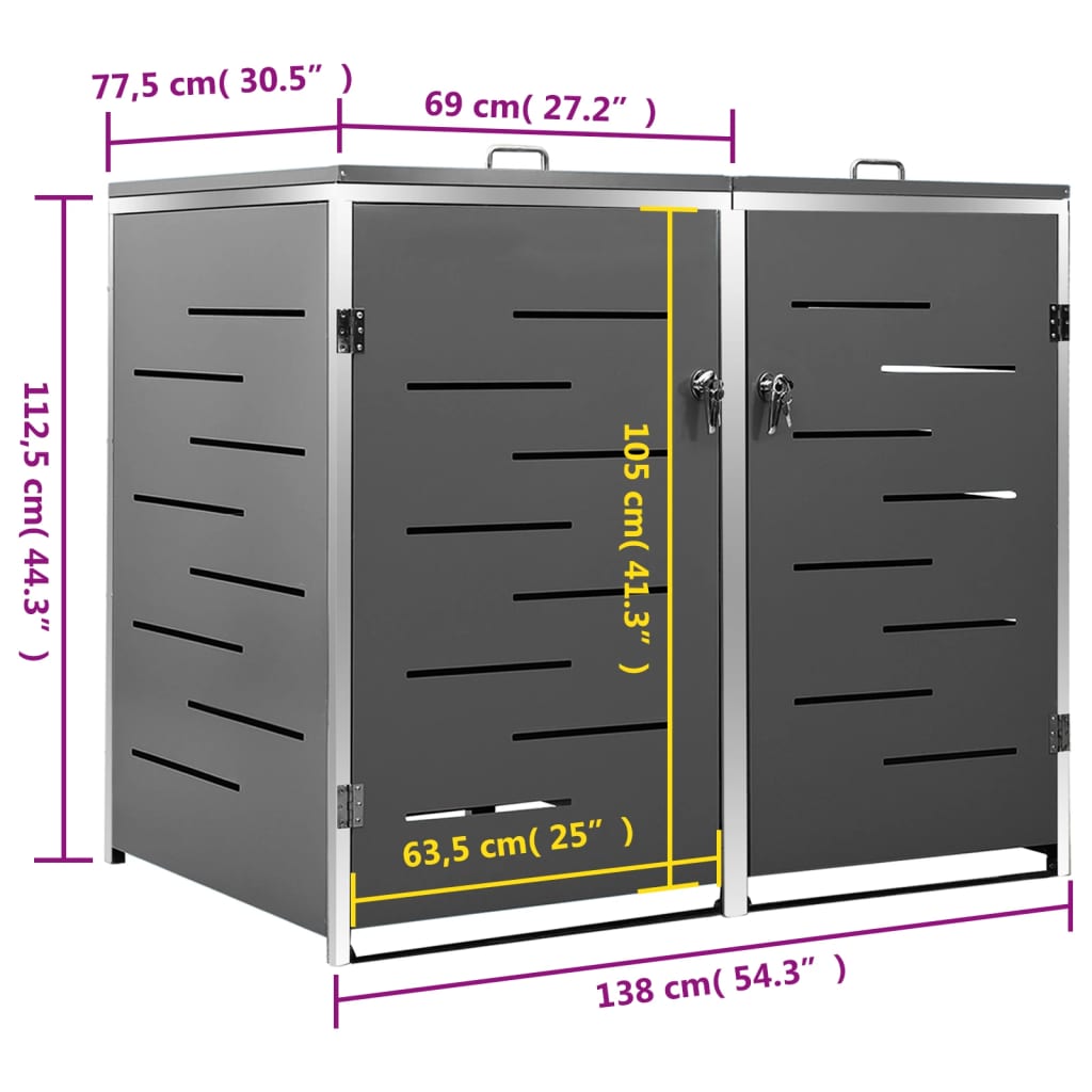 vidaXL Tvöfalt Ruslatunnuskýli 138x77,5x112,5 cm Ryðfrítt stál