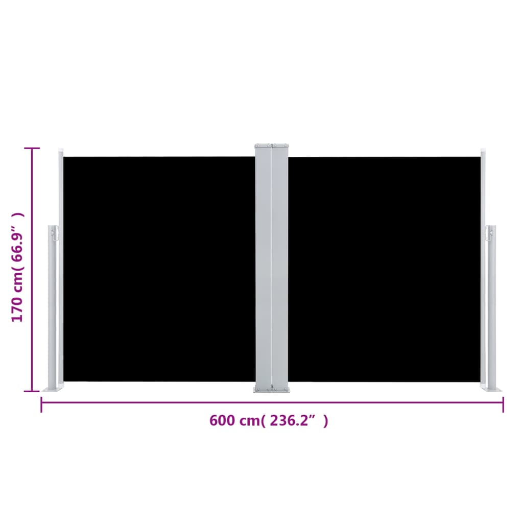 vidaXL Útdraganlegur Tvöfaldur Skjólveggur á Verönd 170x600cm Svartur