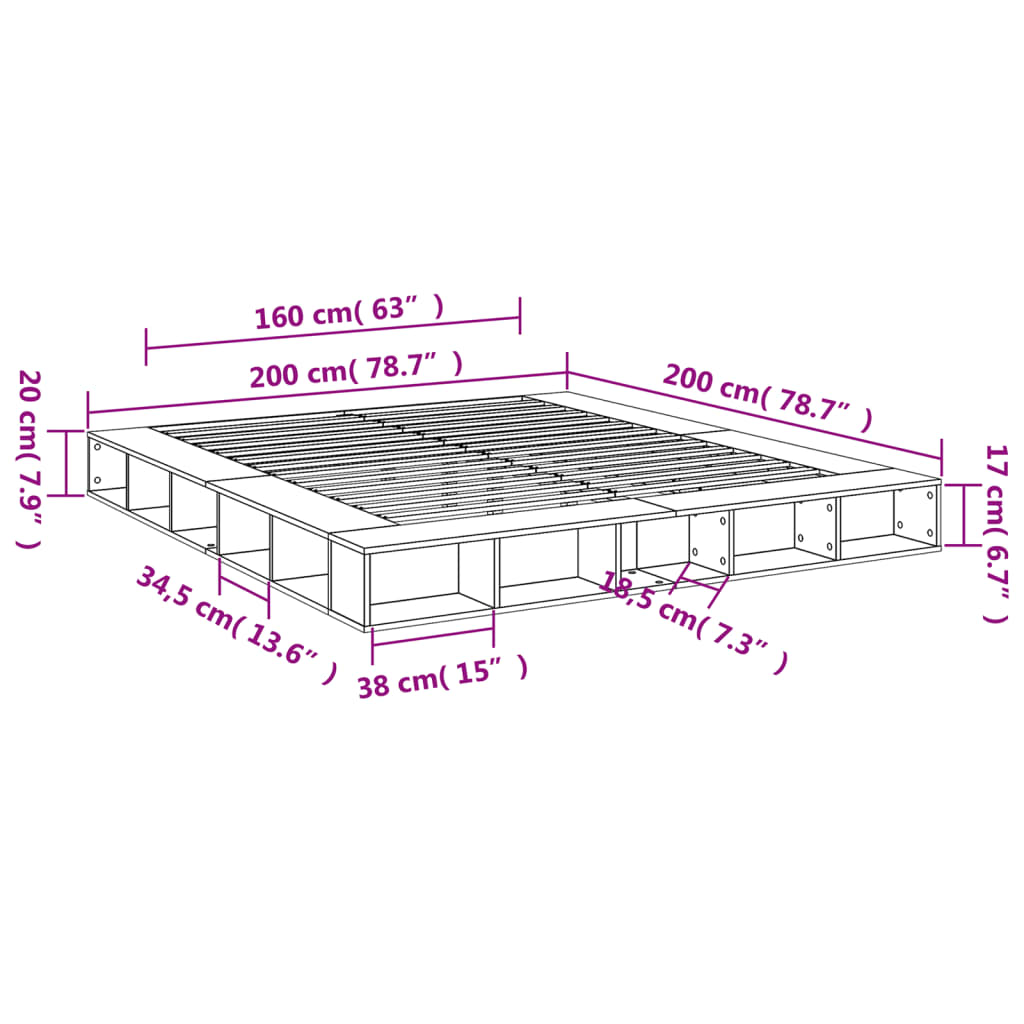 vidaXL Rúmgrind án Dýnu Gráir Sonoma Eik 200x200 cm