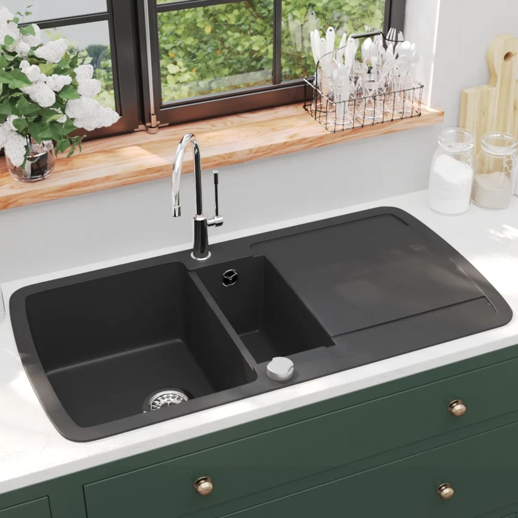 142946 vidaXL Granite Kitchen Sink Double Basin Black