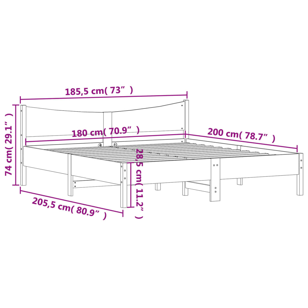 vidaXL Rúmgrind án Dýnu Hvítur 180x200 cm Gegnheil Fura