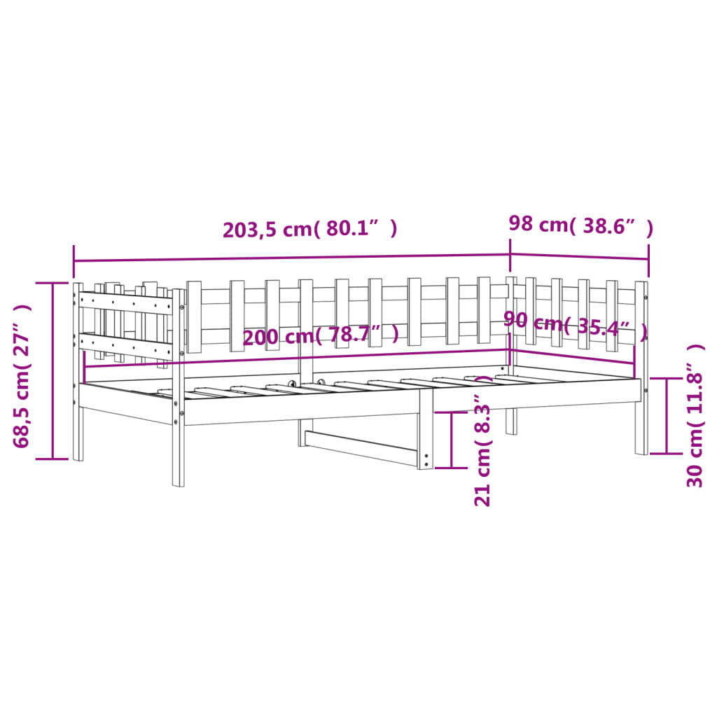 vidaXL Dagrúm án dýnu Svart 90x200 cm Solid Wood Furu