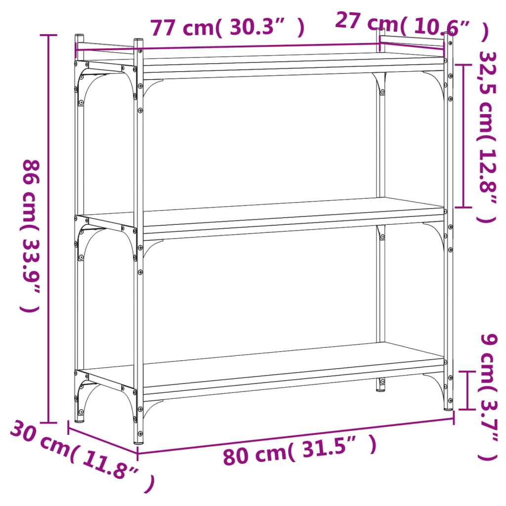 vidaXL Bókahilla með 3 Hillum Grár Sonoma 80x30x86 cm Samsettur Viður