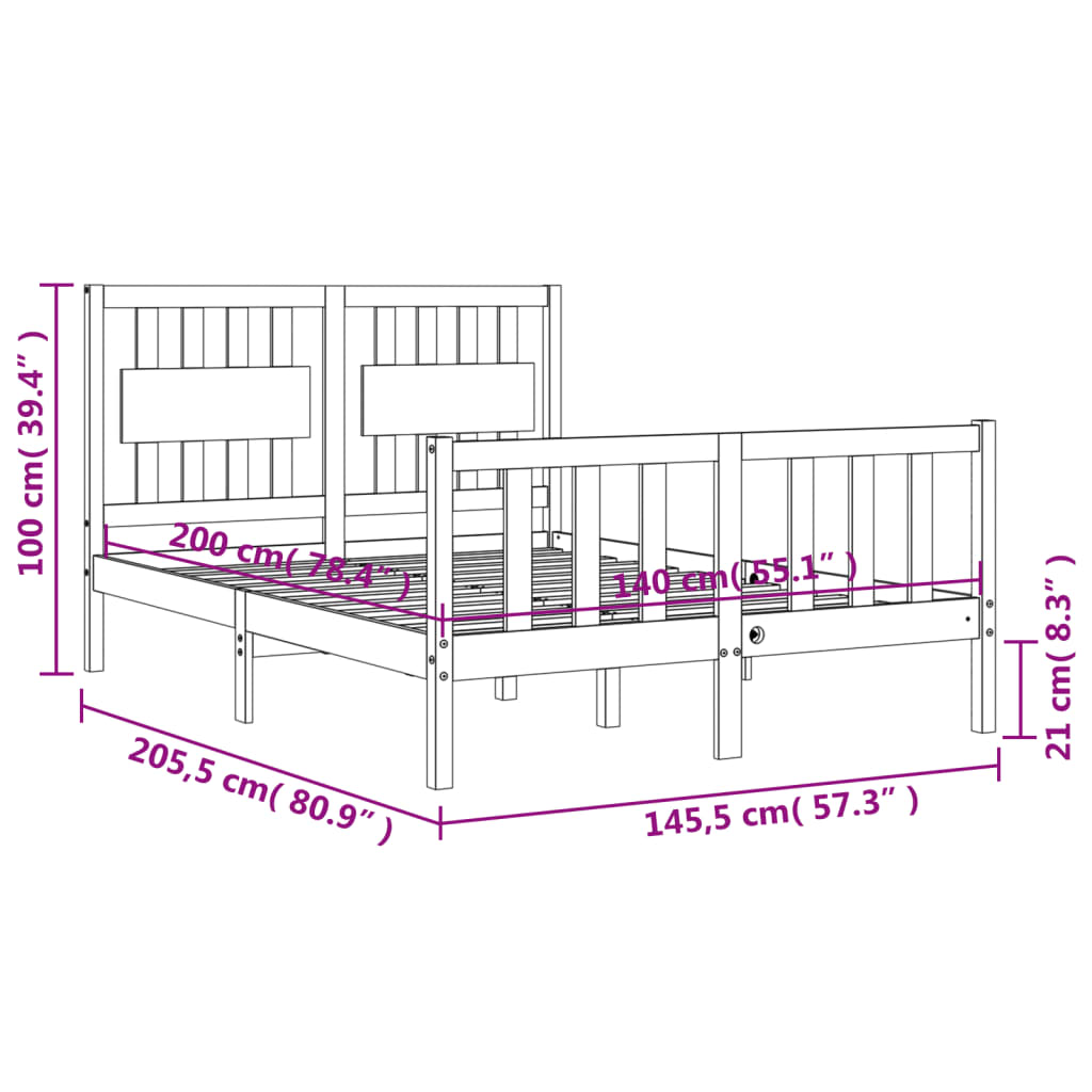 vidaXL Rúmgrind með Höfuðgafli 140x200 cm Gegnheill Viður