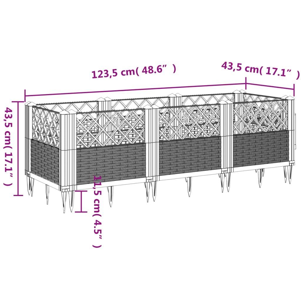 vidaXL Gróðurkassi með Pinnum Grár 123,5x43,5x43,5 cm PP