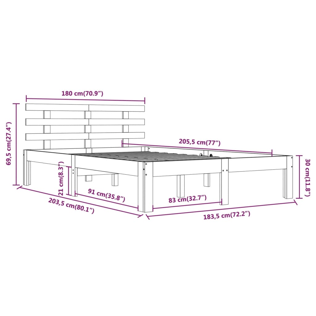 vidaXL Rúmgrind án Dýnu Hvít 180x200 cm Gegnheil Viður